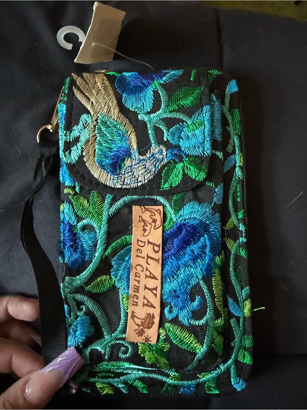 Embroidered Wristlet Clutch — Black with Blue & Green Floral